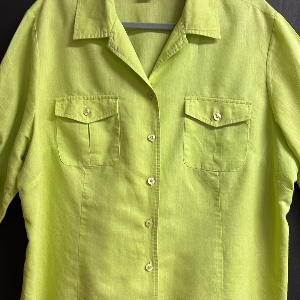 Carroll Reed Woman 100% Linen Lime Green Button Up Shirt Roll Tab Sleeve Size 1X - Picture 3 of 11